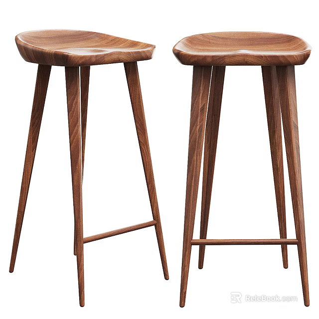 Two Modern Wooden Bar Stools Featuring Curved Seat and Slim Legs Design 3d model 