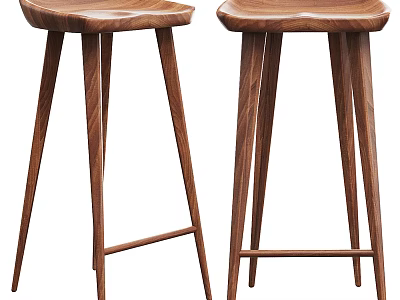 Two Modern Wooden Bar Stools Featuring Curved Seat and Slim Legs Design 3d model