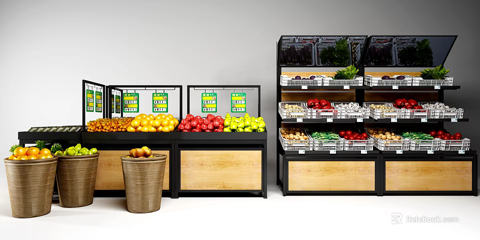 Retail Display Shelves with Wooden Bases Black Frames and Fresh Fruits 3d model 