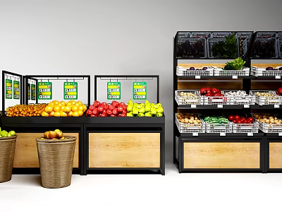 Retail Display Shelves with Wooden Bases Black Frames and Fresh Fruits 3d model
