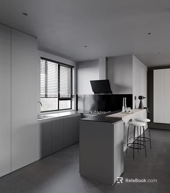 Modern Kitchen Interior Design With Gray Cabinets Island Counter And Range Hood 3d model 