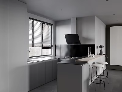 Modern Kitchen Interior Design With Gray Cabinets Island Counter And Range Hood 3d model