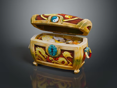 Decorative Open Treasure Chest With Coins And Dragon Patterns For Home 3d model