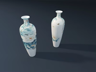 Elegant White Ceramic Vases With Blue Floral Patterns On Dark Backdrop 3d model