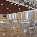 Spacious Modern Classroom With White Tables Chairs Wooden Ceiling Blue Screen And Windows