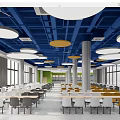 Modern Canteen Interior With Blue Ceiling White Yellow Tables And Large Windows 3d model