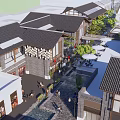 Traditional Commercial Street With Black Roofs Courtyard Green Plants And Stone Pavement