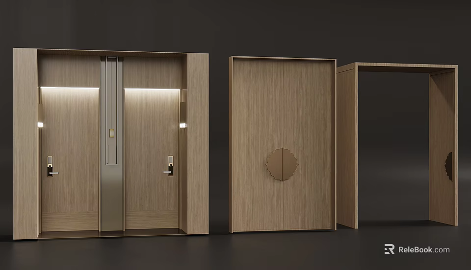 Modern Wooden Hinged Door Design With Round Handle And Frame Lighting 3d model
