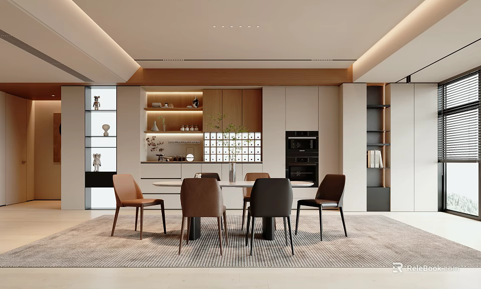 Modern Open Concept Restaurant Interior With Dining Table And Stylish Chairs 3d model