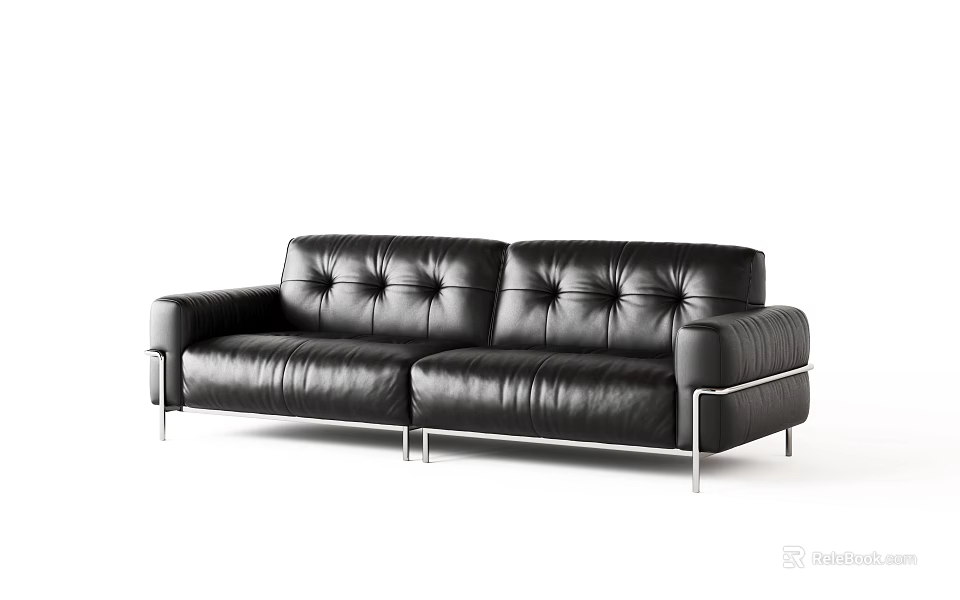 Modern Black Leather Three-Seater Sofa With Sleek Metal Frame And Design 3d model 