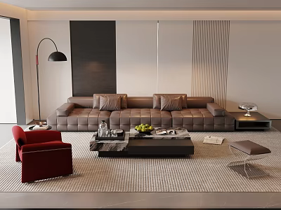 Modern Living Room Brown L Shaped Sofa Coffee Table Set With Red Armchair Floor Lamp 3d model