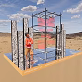 Outdoor Art Installation With Metal Frame Red Elements And Vertical Panels On Sandy Ground