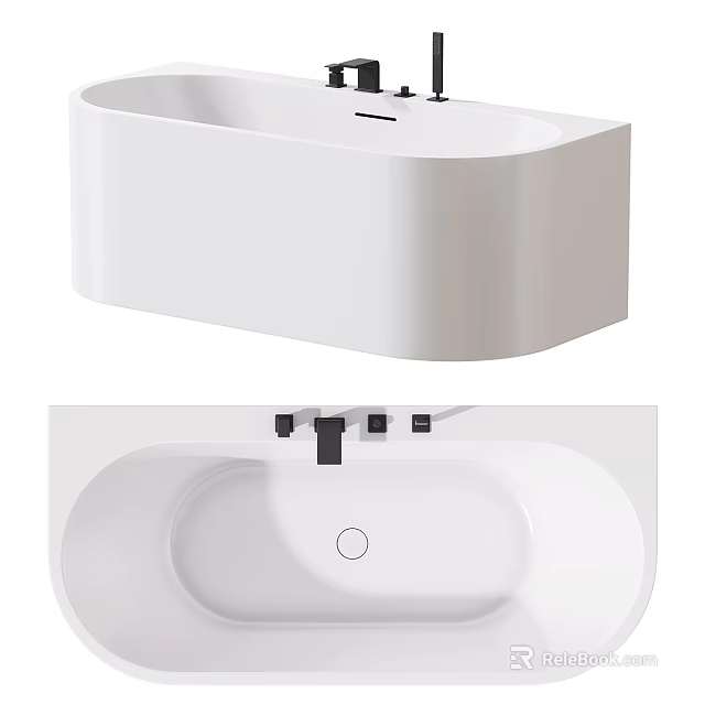 Modern White Freestanding Bathtub With Oval Design And Black Faucets In Bathroom Interior 3d model 