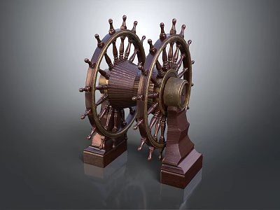 Vintage Decorative Ornament Set With Brass Ship Wheels And Wooden Bases 3d model