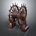 Vintage Decorative Ornament Set With Brass Ship Wheels And Wooden Bases