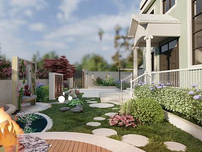 Beautiful Courtyard Garden With Stepping Stones Path Lush Green Plants Small Pond And Fire Pit 3d model