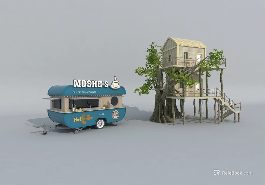 MOSHES Blue Mobile Kitchen Food Truck And Nearby Treehouse Structure 3d model 