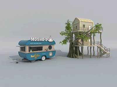 MOSHES Blue Mobile Kitchen Food Truck And Nearby Treehouse Structure 3d model