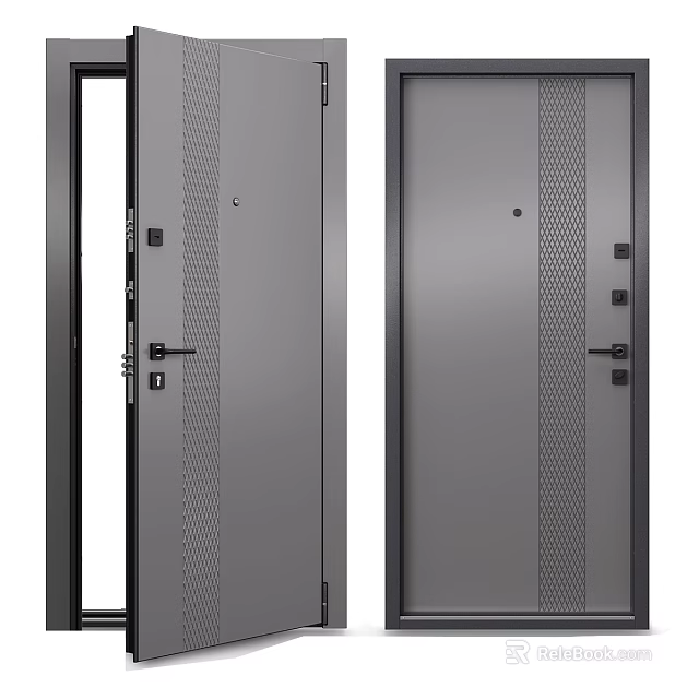 Sturdy Modern Gray Steel Swing Door Featuring Perforated Panels And Black Handle 3d model 