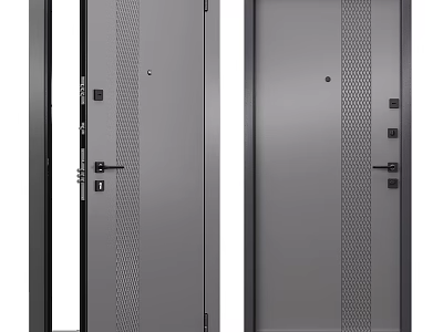 Sturdy Modern Gray Steel Swing Door Featuring Perforated Panels And Black Handle 3d model