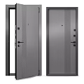 Sturdy Modern Gray Steel Swing Door Featuring Perforated Panels And Black Handle
