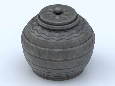 Dark Colored Ceramic Jar With Carved Wave Patterns And Leaf Motifs On Textured Lid 3d model