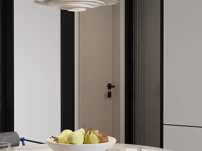 Modern Restaurant Interior With Black White Striped Walls And Fruit Bowl On Table 3d model