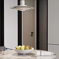 Modern Restaurant Interior With Black White Striped Walls And Fruit Bowl On Table