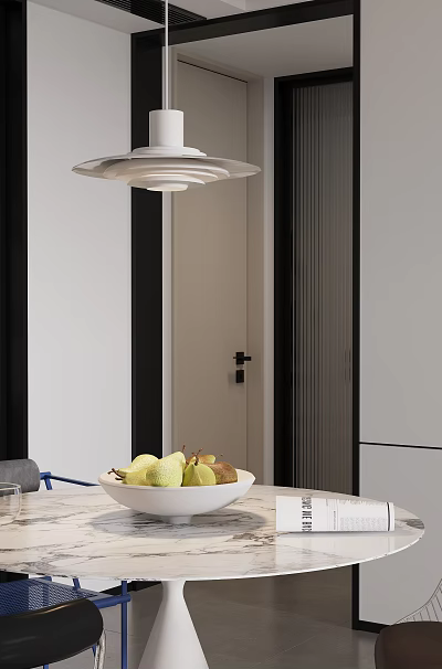 Modern Restaurant Interior With Black White Striped Walls And Fruit Bowl On Table 3d model
