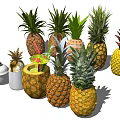 Fresh Different Types of Pineapples and Decorative Juice Cup Shaped Containers with Slices