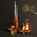 Wooden Decorative Ornament Set with Candle Holders Vases Shelves and Dried Flowers