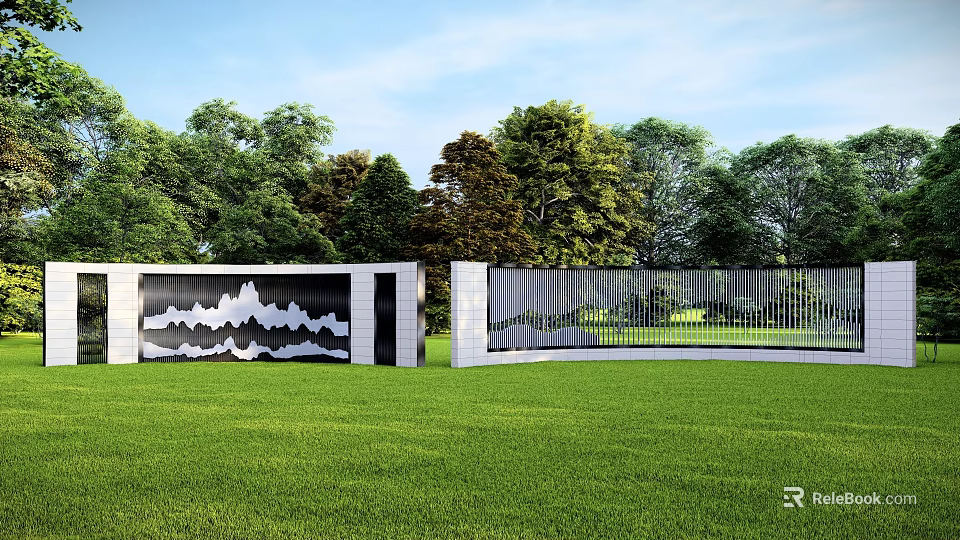 Modern Scenic Feature Wall With Decorative Patterns In Green Lawn Landscape 3d model
