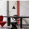 Modern Home Office Interior With Wooden Desk Red Chair Laptop Black Lamp And Green Plant