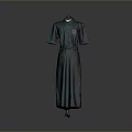 Green Long Dress with Short Sleeves Collar Belt and Decorative Patch