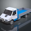 White And Blue Small Commercial Truck With Open Blue Bed And Gray Accents