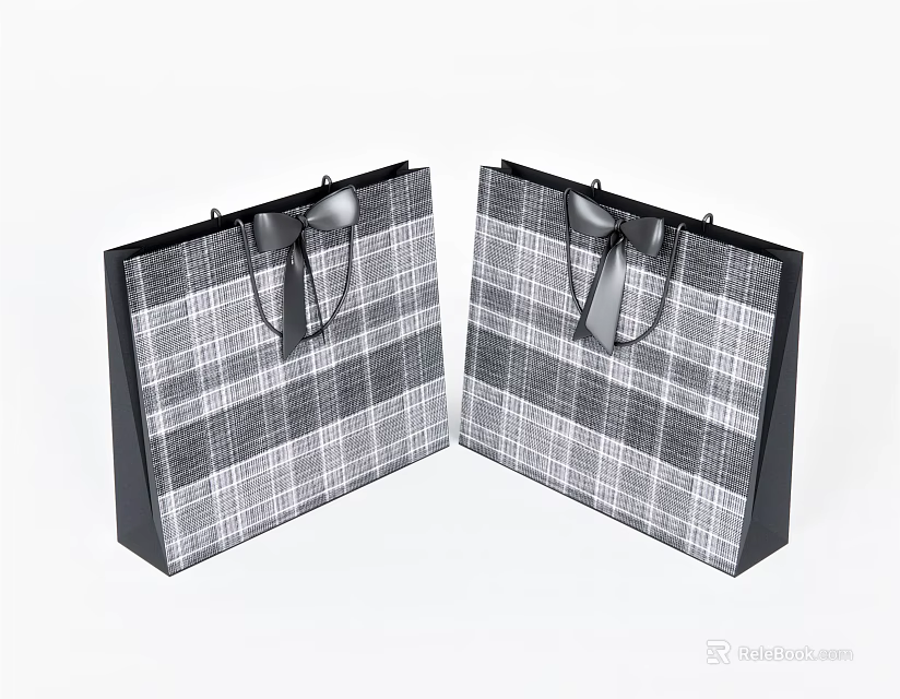 Two Stylish Plaid Pattern Gift Bags with Black Trim and Ribbon Bow Handles 3d model 