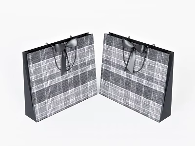 Two Stylish Plaid Pattern Gift Bags with Black Trim and Ribbon Bow Handles 3d model