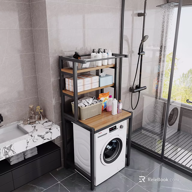 Bathroom Multi tier Storage Shelf Over Washing Machine With Toiletries And Storage Baskets 3d model 
