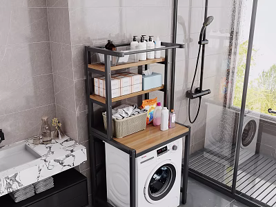 Bathroom Multi tier Storage Shelf Over Washing Machine With Toiletries And Storage Baskets 3d model