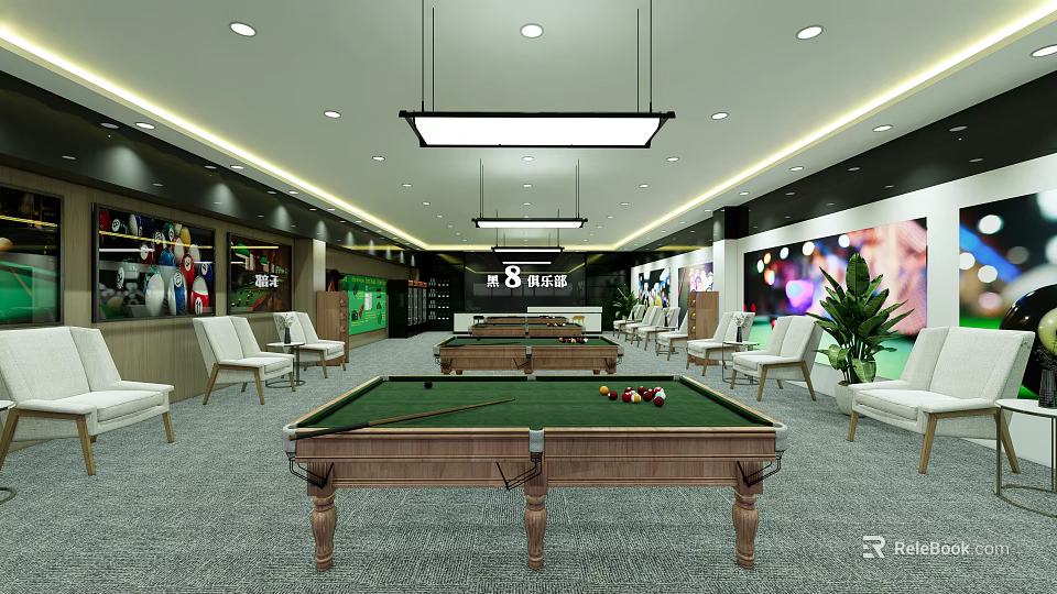 Modern Billiard Room Interior With Multiple Pool Tables Leather Chairs And Pendant Lights 3d model 