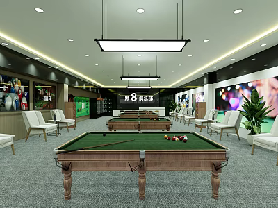 Modern Billiard Room Interior With Multiple Pool Tables Leather Chairs And Pendant Lights 3d model