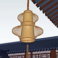 Traditional Style Outdoor Lantern with Bamboo Weave Frame Illuminated at Night Against Architectural Roof Background