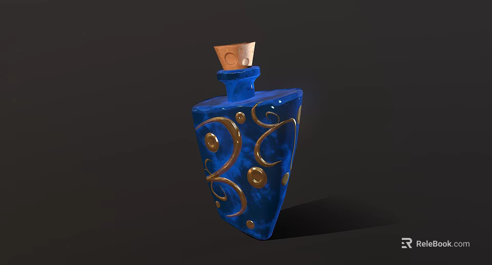 Decorative Blue Bottle with Gold Swirl Patterns and Wooden Cork Top 3d model 