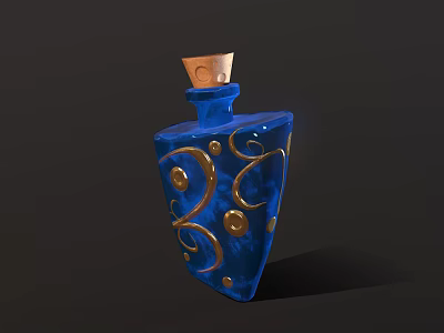 Decorative Blue Bottle with Gold Swirl Patterns and Wooden Cork Top 3d model
