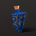 Decorative Blue Bottle with Gold Swirl Patterns and Wooden Cork Top