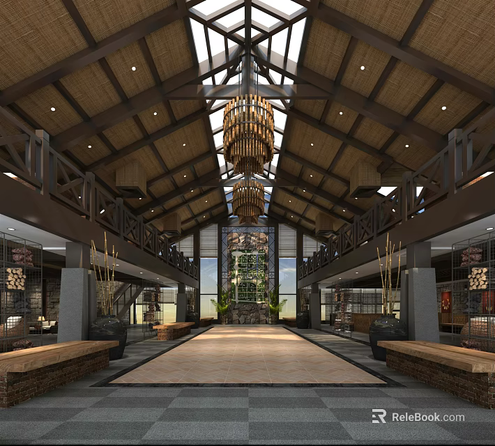 Two Story Restaurant Interior With Wooden Ceiling Glass Skylight Central Plants And Hanging Chandeliers 3d model 