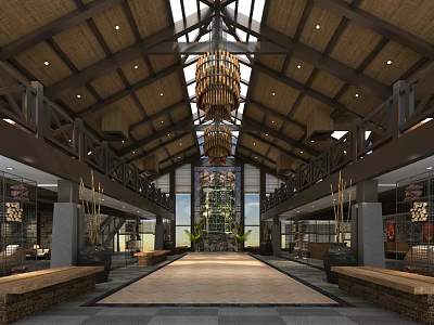 Two Story Restaurant Interior With Wooden Ceiling Glass Skylight Central Plants And Hanging Chandeliers 3d model