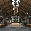 Two Story Restaurant Interior With Wooden Ceiling Glass Skylight Central Plants And Hanging Chandeliers