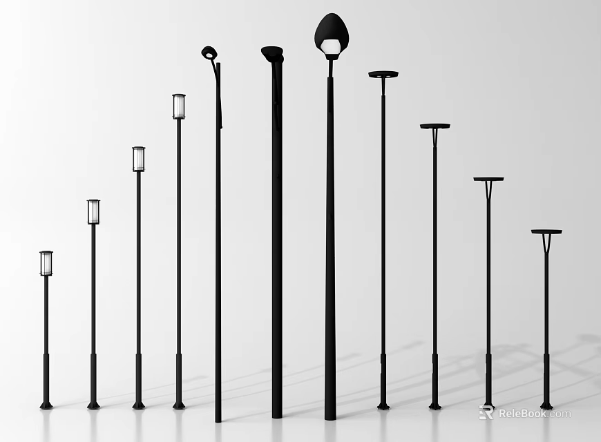 Black Outdoor Lamp Posts With Multiple Different Designs And Various Heights 3d model 