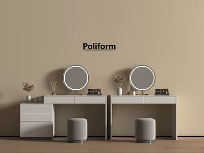 Modern Minimalist White Dressing Tables With Round Mirrors Stools And Poliform Brand On Beige Wall 3d model
